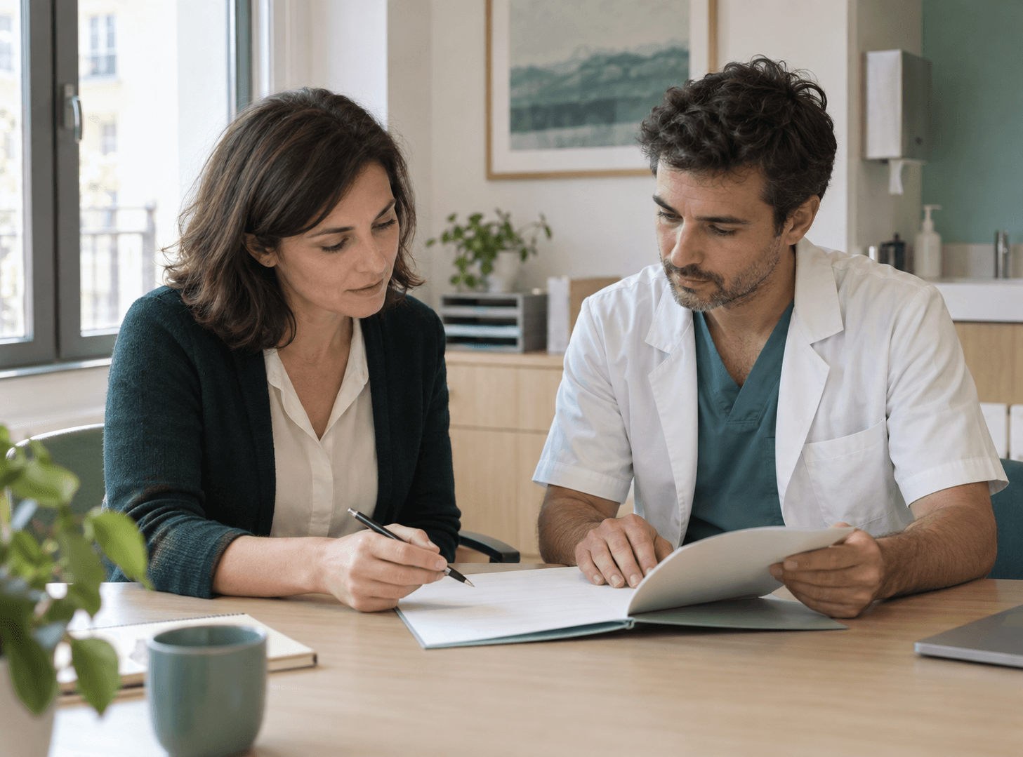 Une responsable de cabinet et un professionnel de santé examinent ensemble un protocole de mise en service.